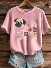Women's Breast Cancer Awareness Inspired Pug Pattern Felt Art Cozy Knit Top