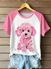 Women's Pink Furry Dog Patchwork Art T-Shirt
