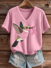 Women's Felt Art Hummingbird Pattern Cozy V-Neck Knit Top