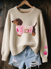 Women's Wool Felt Art Dachshund Pattern Cozy Knit Sweater