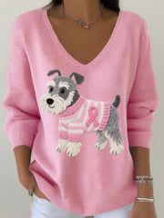 Women's Felt Art Schnauzer Pattern V-Neck Ribbed Top