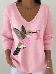 Women's Felt Art Hummingbird Pattern V-Neck Ribbed Top