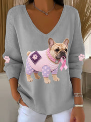 Women's Pink Dog Pink Ribbon Breast Cancer Awareness Support Long-Sleeve Top