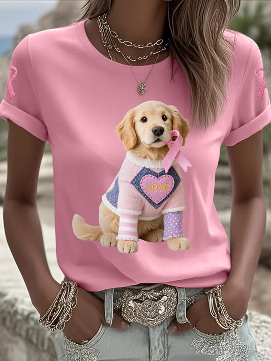 Women's Pink Dog Pink Ribbon Breast Cancer Awareness Support Tee