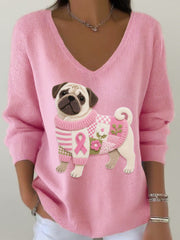 Women's Felt Art Pug Pattern V-Neck Ribbed Top
