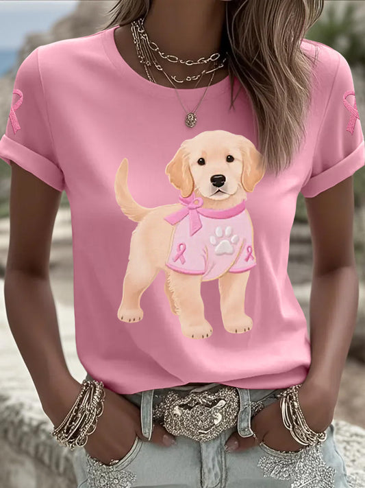 Women's Pink Dog Pink Ribbon Breast Cancer Awareness Support Tee