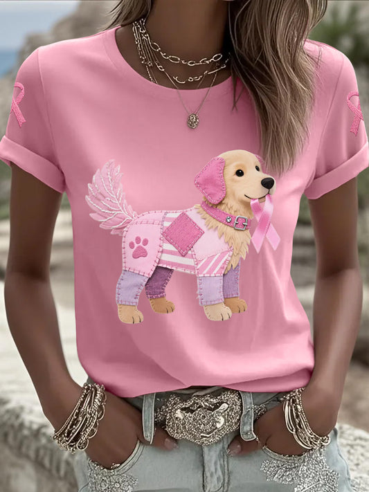 Women's Pink Dog Pink Ribbon Breast Cancer Awareness Support Tee