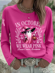 Women's In October We Wear Pink Halloween Pink Ghost Breast Cancer Awareness Support Long Sleeve T-Shirt
