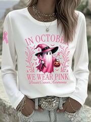 Women's In October We Wear Pink Halloween Pink Ghost Breast Cancer Awareness Support Long Sleeve T-Shirt