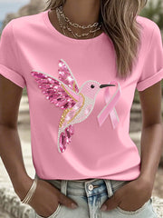 Women's Pink Hummingbird and Ribbon Rhinestone Art T-Shirt