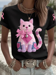 Women's Pink Cat Pink Ribbon Breast Cancer Awareness Support Tee