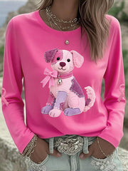 Women's Pink Dog Pink Ribbon Breast Cancer Awareness Support Long-Sleeve T-shirt