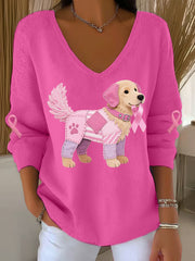 Women's Pink Dog Pink Ribbon Breast Cancer Awareness Support Long-Sleeve Top
