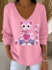 Women's Pink Cat Pink Ribbon Breast Cancer Awareness Support Long-Sleeve Top