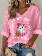 Women's In October We Wear Pink Halloween Pink Ghost Breast Cancer Awareness Support Long Sleeve Top