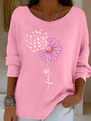 Women's Pink Ribbon Sunflower Faith Print Breast Cancer Awareness Support Long Sleeve Top