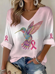 Women's Breast Cancer Hummingbird Print Casual T-shirt