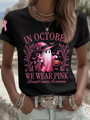 Women's In October We Wear Pink Halloween Pink Ghost Print Breast Cancer Awareness Support Tee
