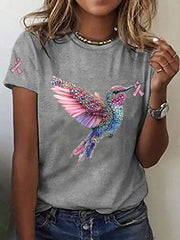 Women's Breast Cancer Awareness Hummingbird Print Casual T-Shirt