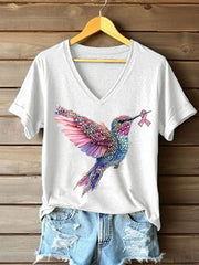 Women's Pink Hummingbird Print Casual T-shirt