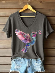 Women's Pink Hummingbird Print Casual T-shirt