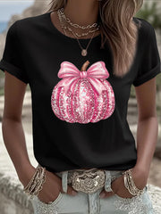Women's Pink Pumpkin Print Breast Cancer Awareness Support Tee