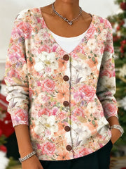 Women's Pink Floral Art Print Cardigan