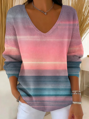 Women's Pink Art Print V-Neck Ribbed Top