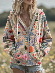 Women's Women's Breast Cancer Flowers Print Zip-Up Hoodie