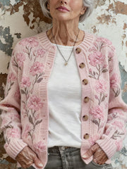Women's Autumn And Winter Pink Floral Comfortable Warm Sweater Cardigan