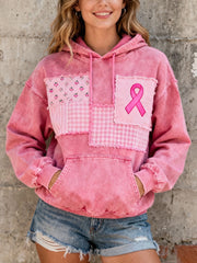 Women's Pink Ribbon Embroidered Washed Hoodie
