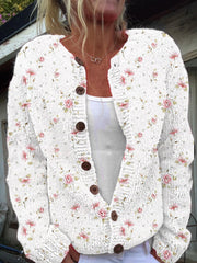 Women's Pink Floral Print Cardigan-Style Knit Jacket