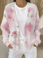 Women's Pink Floral Print Pocket Cardigan
