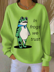 Women's In Frogs We Trust Polish Frog Print Ribbed Round-Neck Sweatshirt