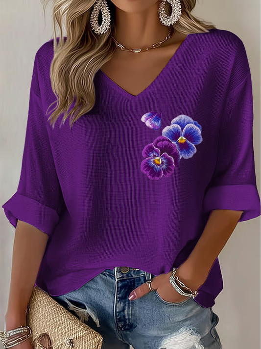 Women's Purple flowers Art Design Print Waffle Long Sleeve T-Shirt