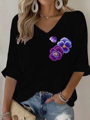 Women's Purple flowers Art Design Print Waffle Long Sleeve T-Shirt