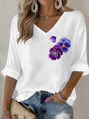Women's Purple flowers Art Design Print Waffle Long Sleeve T-Shirt