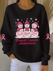 Women's Breast Cancer Awareness Christmas Snowman Pink Ribbon Ribbed Round-Neck Sweatshirt