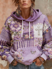 Women's Alzheimer's Awareness Purple Floral Butterfly Patchwork Hooded