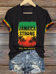Women's V-Neck Retro Jamaica Strong Save The Animals Reggae Red, Green, And Gold Print T-Shirt