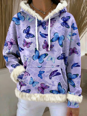 Women's Purple Art Design Printed Plush Hooded Long Sleeve Top