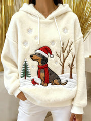 Women's Cute Christmas Dog Art Print Casual Flannel Hoodie