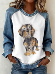 Women's Cute Dog Denim Patchwork Top