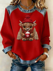 Women's Casual Retro Western Cute Christmas Highland Cow Denim Patchwork Top