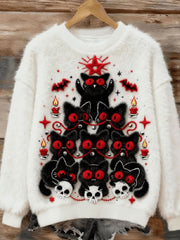 Women's Black Cat Christmas Tree Flannel Hoodie