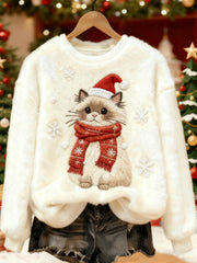 Women's Cute Christmas Cat Print Casual Flannel Sweatshirt