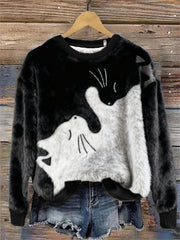 Women's Black And White Cats Art Flannel Hoodie