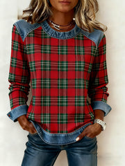 Women's Vintage Casual Checkered Denim Patchwork Sweatshirt
