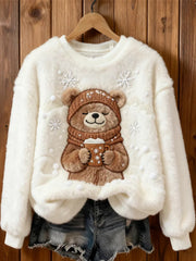 Women's Cute Bear Print Casual Flannel Hoodie