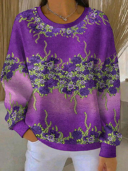 Women's Alzheimer's Awareness Art Purple Floral Printed Sweatshirt